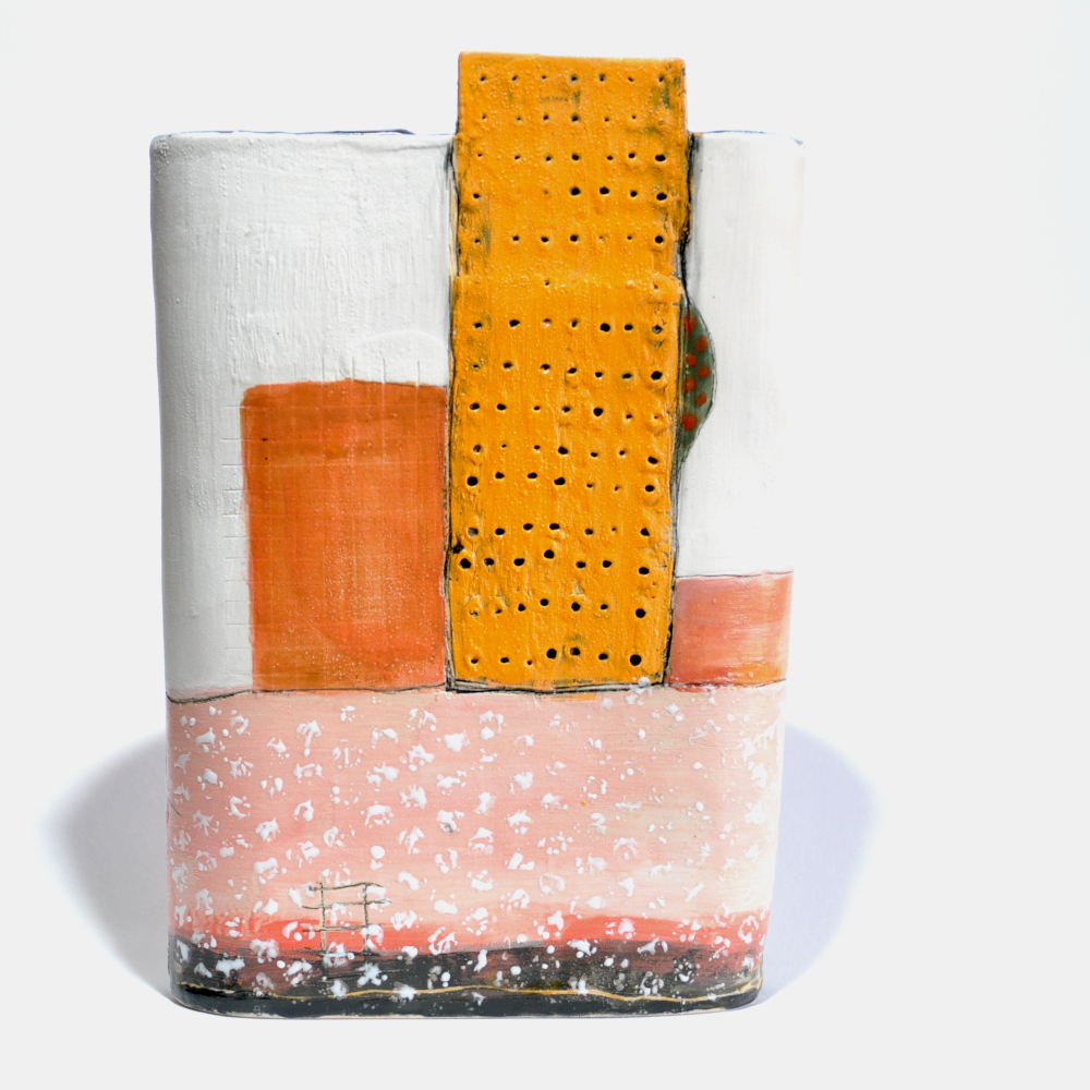 oval, slab built vase; textured stoneware, decorated with slips, engobe, ceramic ink and ceramic wax crayons; decorating techniques: textured clay, brushed on engobes and slips; drawing with ceramic pencil; mono-printing with paper, cardboard, textile and bubble wrap