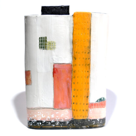 oval, slab built vase; textured stoneware, decorated with slips, engobe, ceramic ink and ceramic wax crayons; decorating techniques: textured clay, brushed on engobes and slips; drawing with ceramic pencil; mono-printing with paper, cardboard, textile and bubble wrap