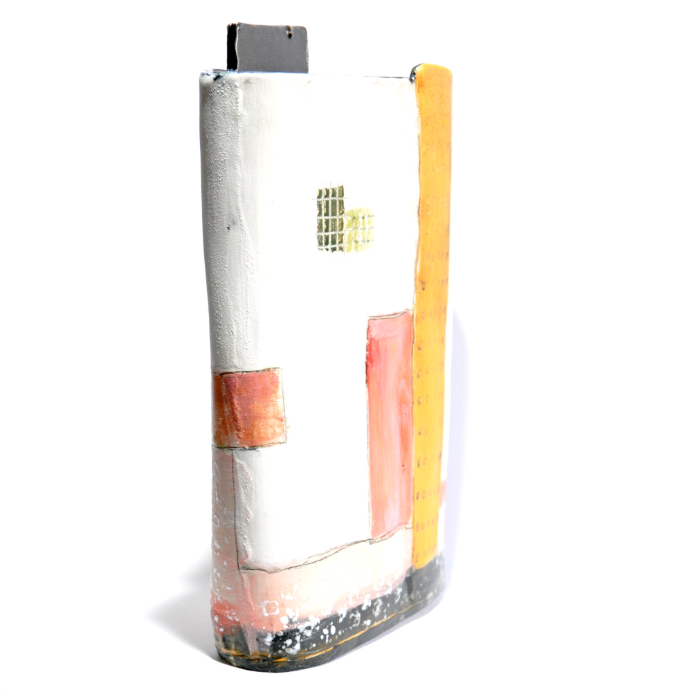 oval, slab built vase; textured stoneware, decorated with slips, engobe, ceramic ink and ceramic wax crayons; decorating techniques: textured clay, brushed on engobes and slips; drawing with ceramic pencil; mono-printing with paper, cardboard, textile and bubble wrap; sideways view