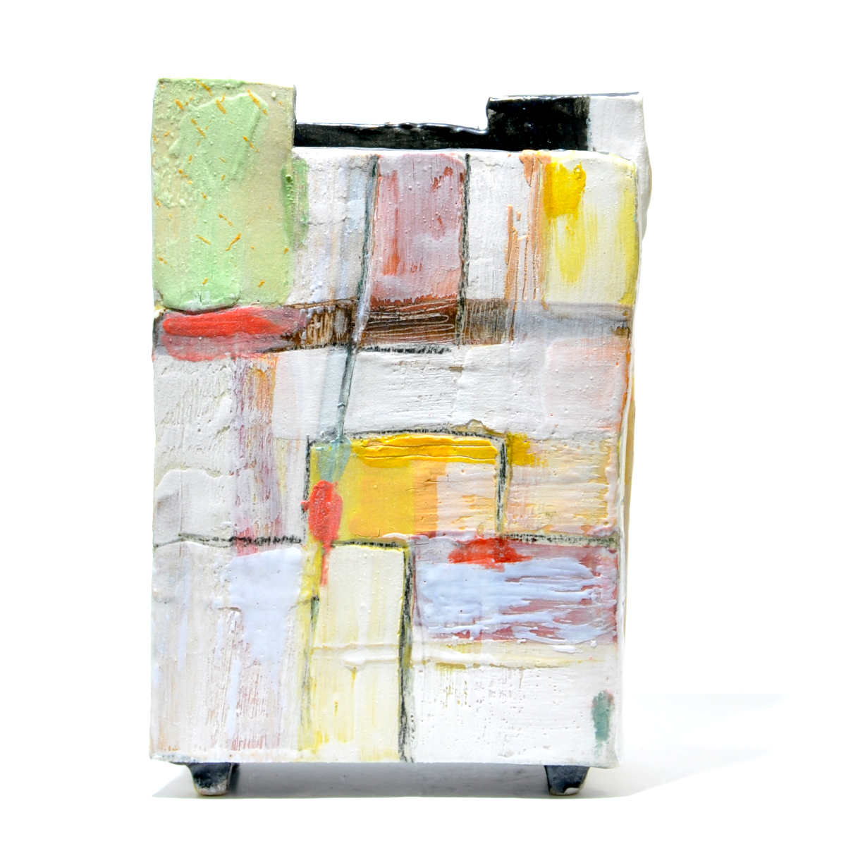 rectangular, engobe decorated slab built vase, decorated with white, yellow, umber and orange engobes, wax crayons, pencils and inks