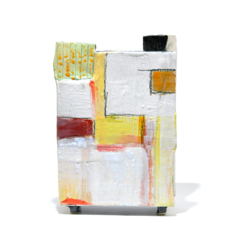 rectangular, engobe decorated slab built vase, decorated with white, yellow, umber and orange engobes, wax crayons, pencils and inks