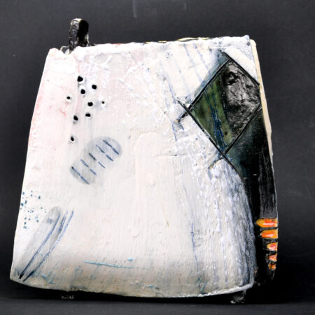 Rectangular slab built vase, decorated with engobes, wax crayons, ceramic ink;