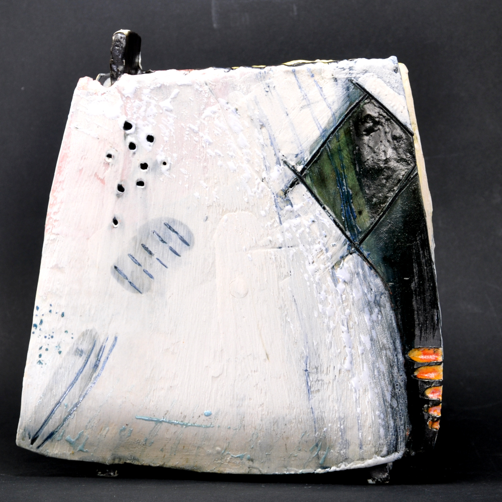 Rectangular slab built vase, decorated with engobes, wax crayons, ceramic ink;