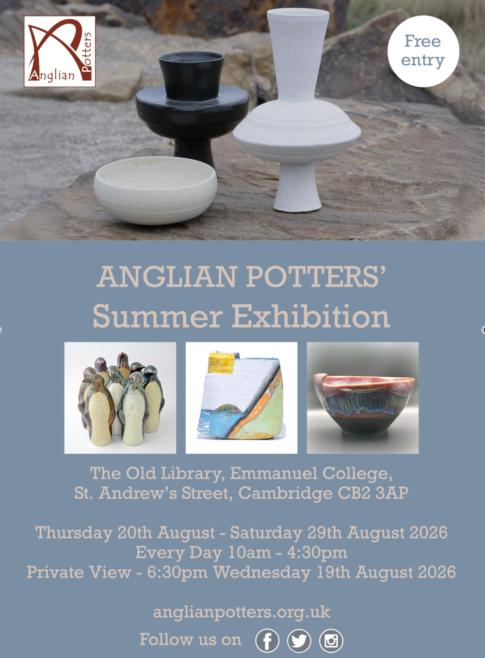 Advertisement for the Anglian Potters Summer exhibition at Emmanuel College 20-29 August